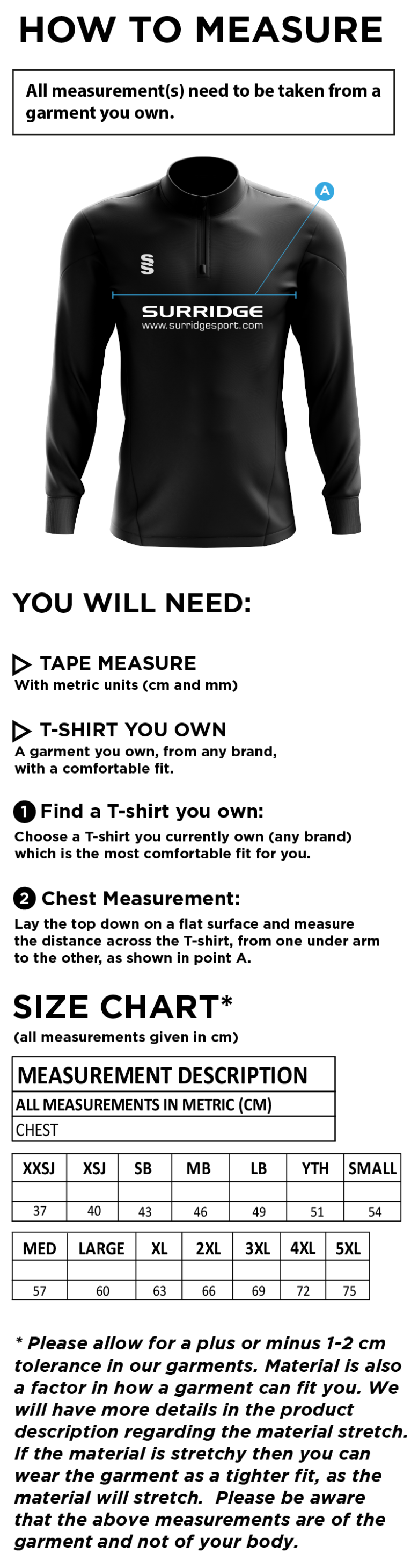 Fuse Performance Top - Unisex Fit - Size Guide